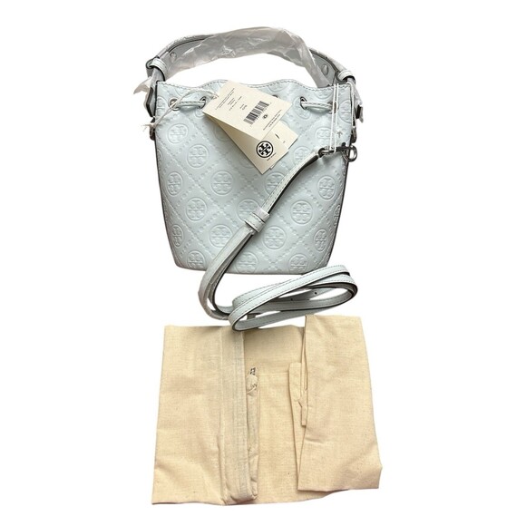 New Authentic Tory Burch T Monogram Mini Bucket Bag in Ice Blue $398 - Picture 2 of 7